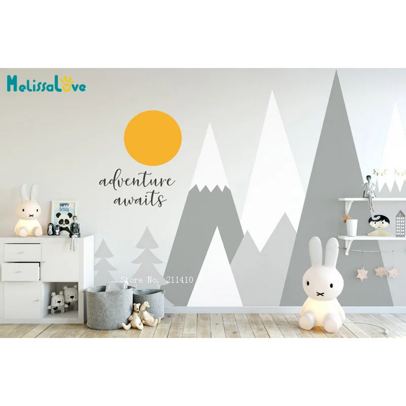 

Mountains Trees Wall Decals Baby Room Nursery Woodland Crib Boy Girl Pattern Adventure Awaits Quote Kids Sticker YT6406