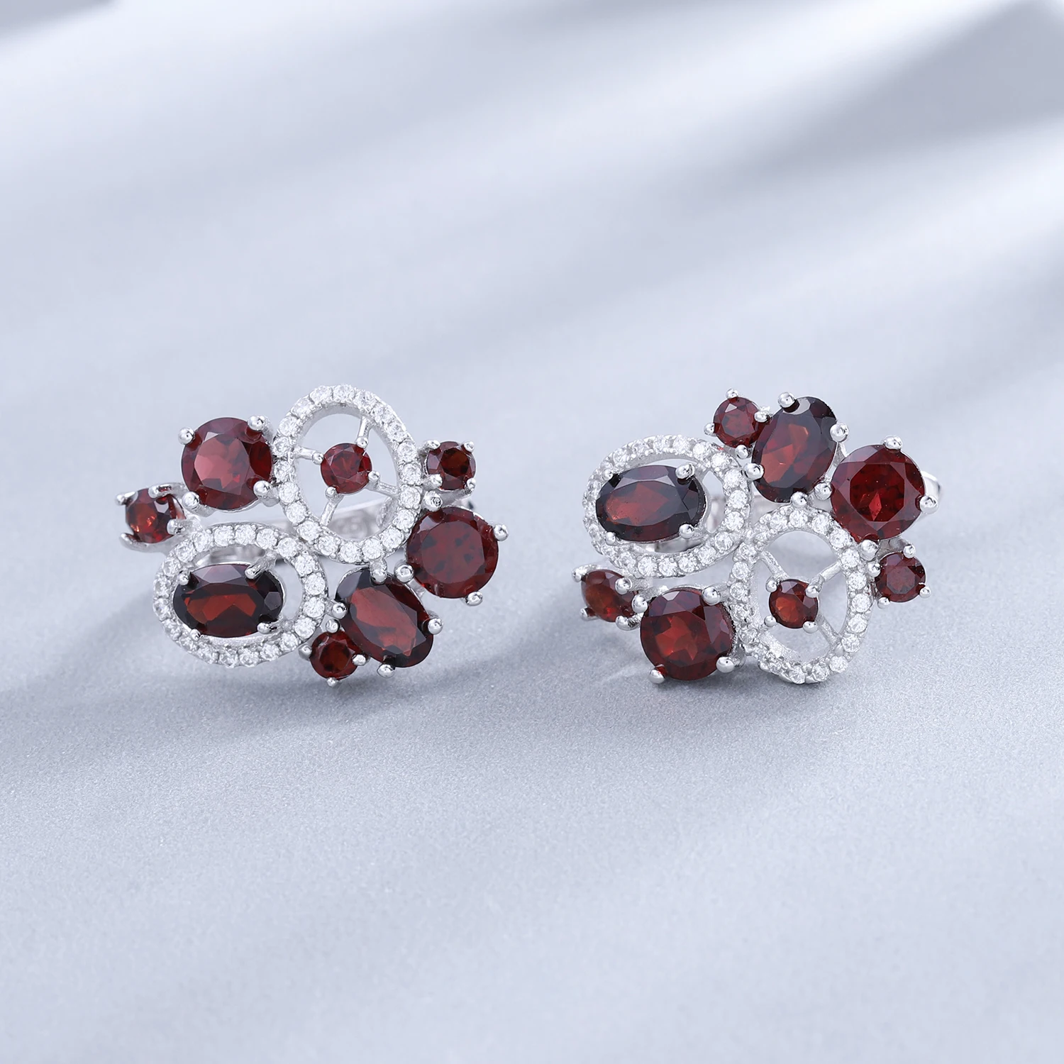 GEM\'S BALLET Natural Red Garnet Vintage Flower Jewelry Set 925 Sterling Silver Gemstone Earrings Ring Set For Women Fine Jewelry