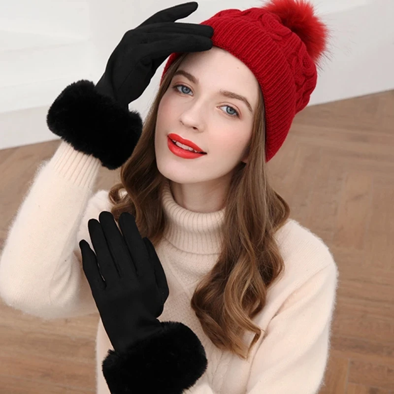 Female Faux Rabit Fur Suede Leather Touch Screen Driving Glove Winter Warm Plush Thick Embroidery Full Finger Cycling Mitten H92