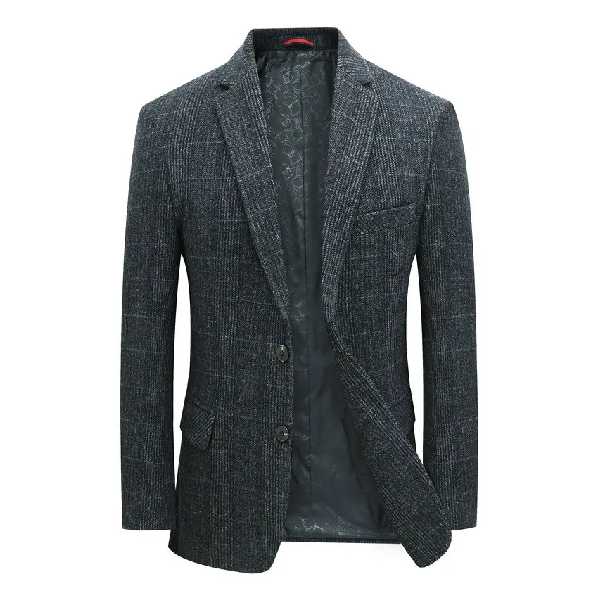 Man Wool Tweed Blazer Plaid Woolen Fabric Jacket Suit Navy Blue Camel Gray Costumn Homme Notched Collar Cuff Button Design Coats