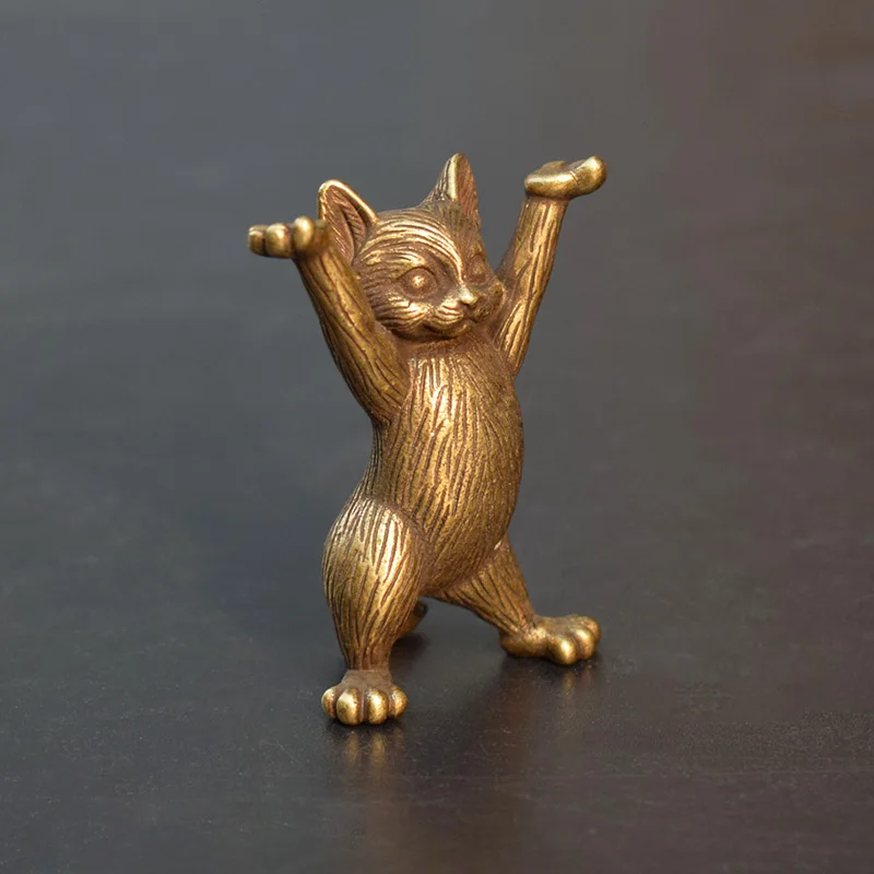 Antique Copper Cartoon Kung Fu Cat Statue Desktop Ornaments Metal Brass Animal Figurines Miniatures Home Decorations Accessories