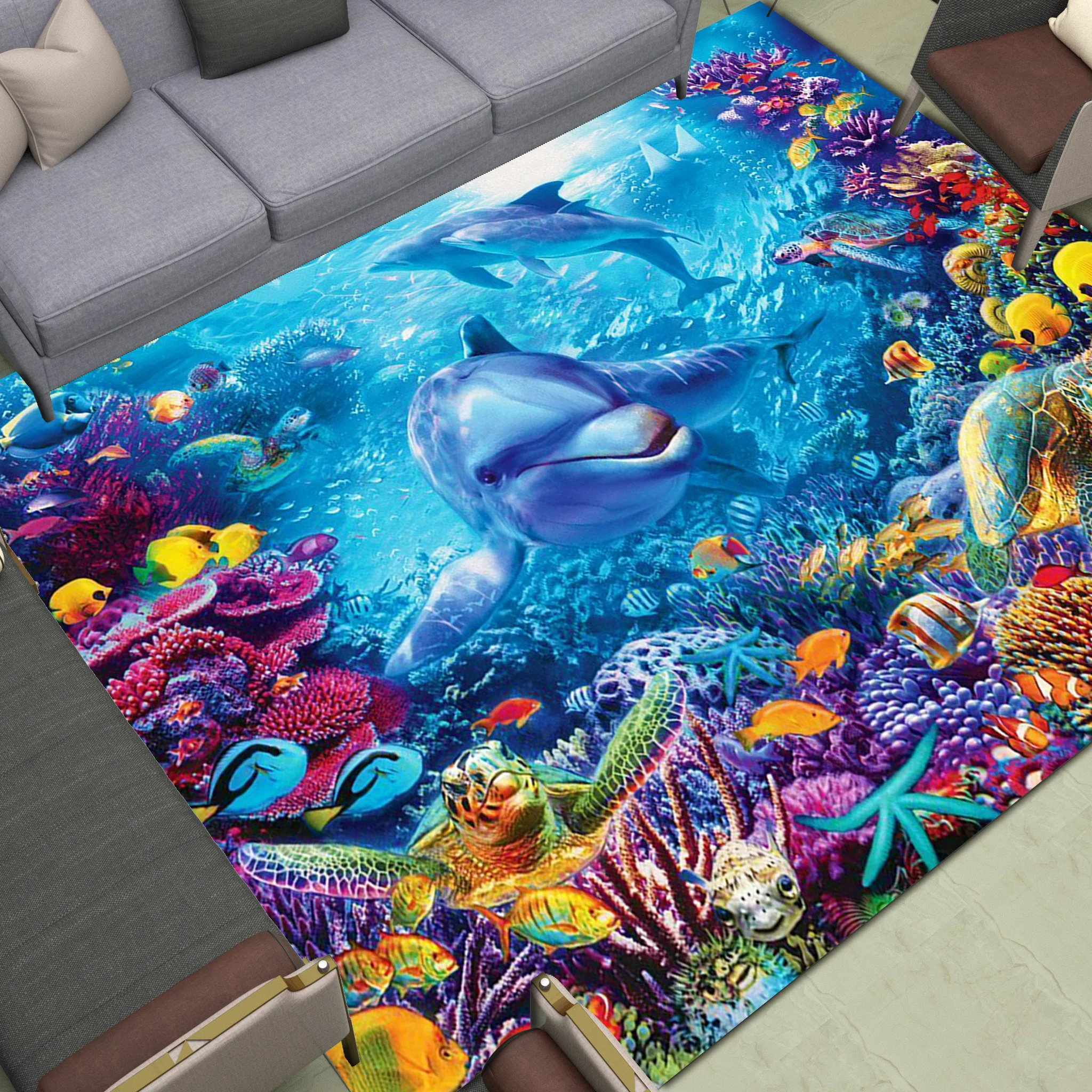 Cartoon Fish Area Rugs Sea World Home Door Living Room Bed Carpet Decor Print Corals Jumping Dolphin Floor Mat Sunshine Rainbow