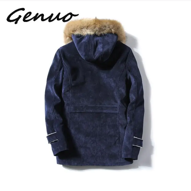 ฤดูหนาวขนแกะทหารผู้ชาย Faux FUR Hooded Windproof Outwear Parka ผู้ชาย Horns BUCKLE หนา Windbreaker Coat Overcoat