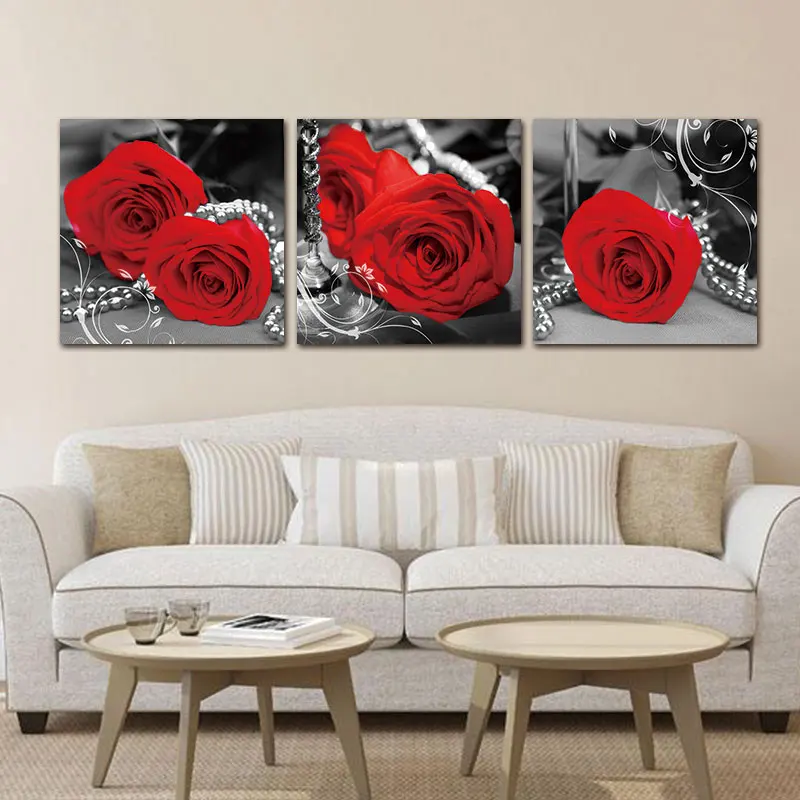 

3 Pieces Romantic Red Roses Posters Wall Art Canvas Prints Pictures Home Decor Paintings Accessories for Living Room Decorations