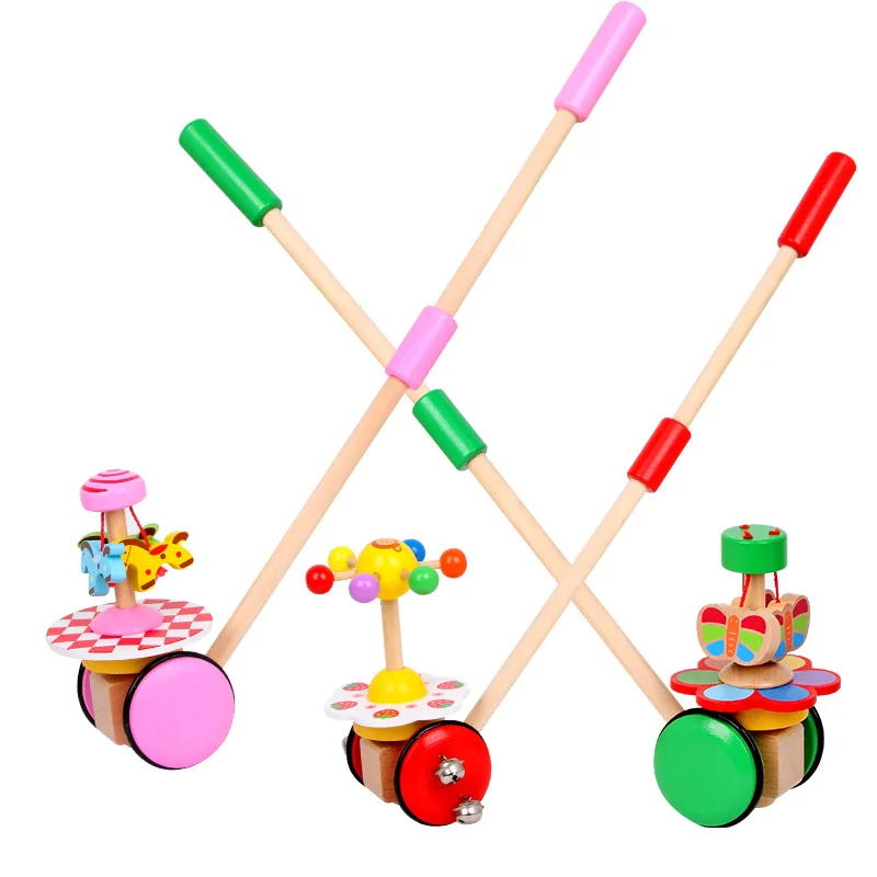 Wooden Walker Push Rod Toy Cartoon Rotating Roll Cart Learning Walk Guide Wood First Step Car Toddler Trolley Baby Birthday Gift