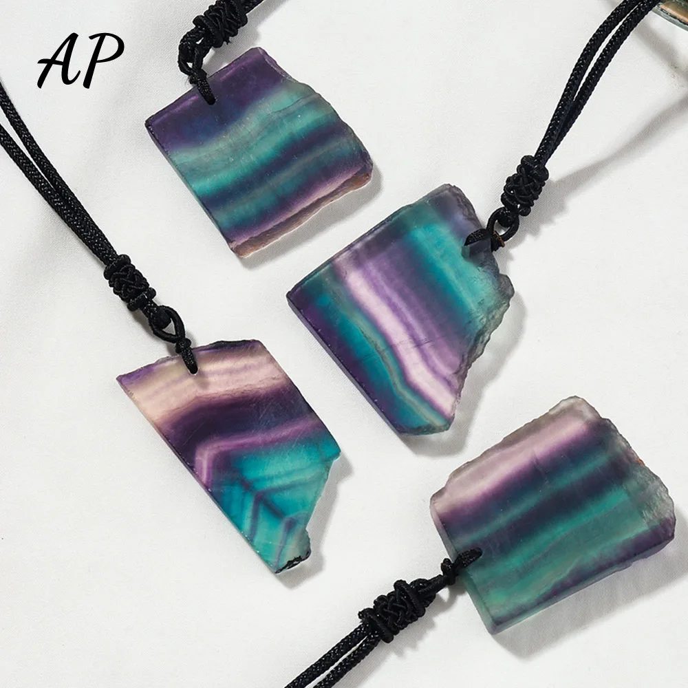 Natural Crystal Rainbow Fluorite Pendant Colorful Irregular Shape Crystal Slice Raw Quartz Necklace For Women Gift