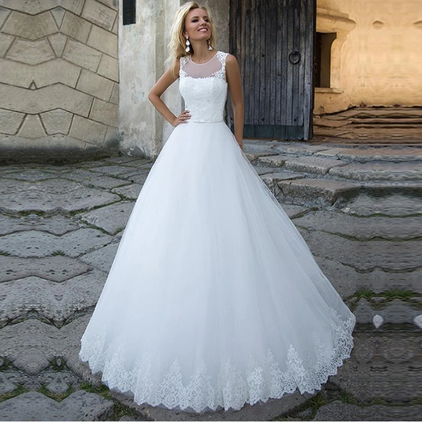 

White Ivory O Neckline Wedding Dress Lace Appliques A Line Back Button Vestido De Noiva Custom Made Sleeveless Wedding Gowns