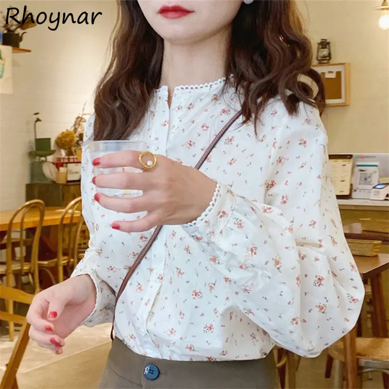 Shirts Women Tender Print Long Sleeve O-Neck Casual Fashion Daily Students Sweet Korean Style Femme Clothing Spring Popular Chic