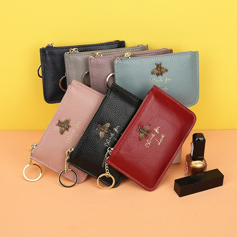 Genuine Leather Zippered Mini Change Money Bag Colorful Wallet For Women Fashionable Key Case With Ring  