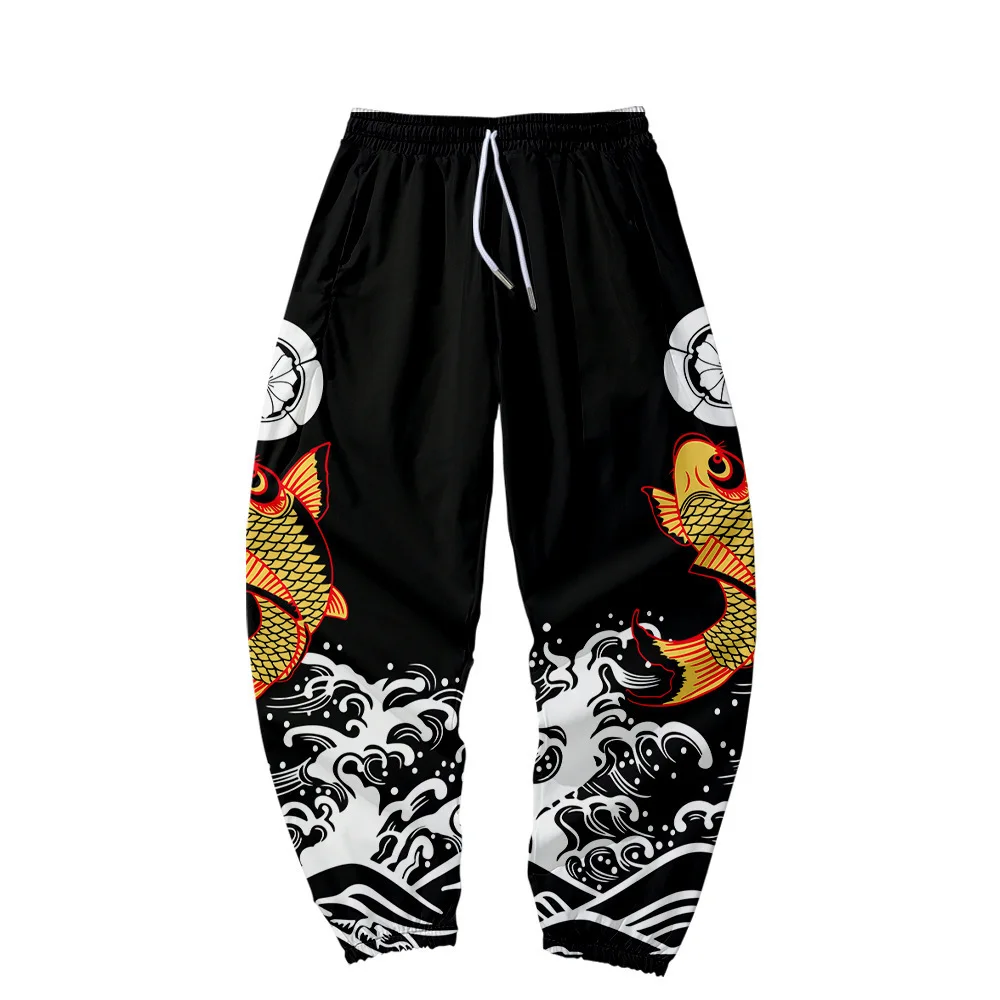 Japonês ukiyo-e peixe impressão do vintage sweatpants homens multi bolso carga outono harajuku hip hop jogger calças streetwear calças