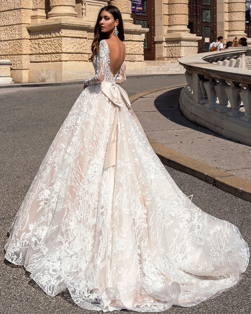 Robe De Mariage Long Sleeve Wedding Dress Backless Luxury Hochzeitskleid Appliques Tulle Princess Vestidos De Noiva Bridal Gowns