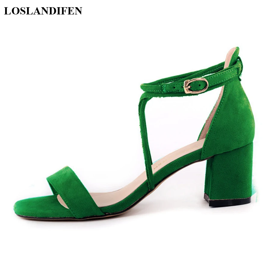 LOSLANDIFEN Shoes Women Open Toe Soft Flock Thick High Heels Sandals Summer Hollow Cross Buckle Fashion Ladies Office Shoe Dress