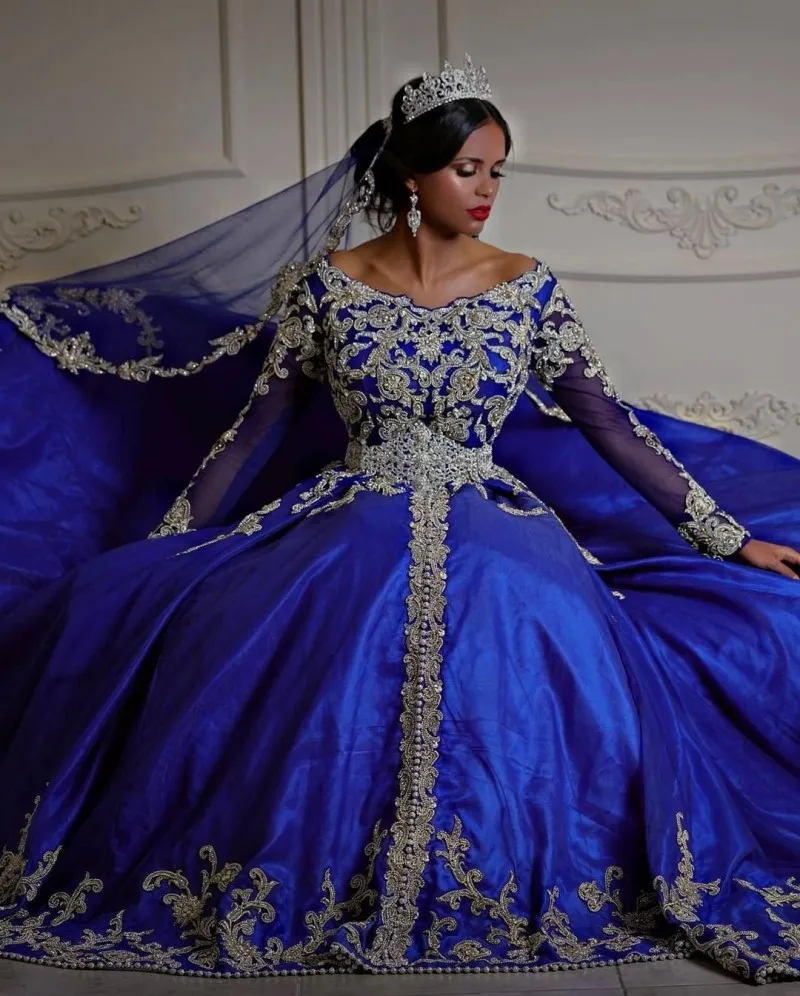 Royal Blue Caftan Evening Dress With Veil Wedding Party Wear Appliqued Long Sleeves Classic Prom Gowns Robe De Soirée De Mariage