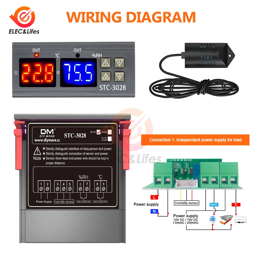 Digital Thermostat Temperature Humidity controller STC-3028 12V 24V 220V 10A Relay Home Thermoregulator Hygrometer for incubator