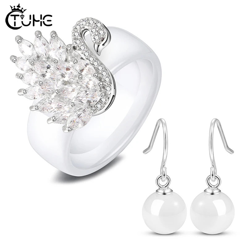 

Лебедь, серебро 925 пробы, керамический ювелирный набор, капли воды, серьги, гладкие, 8 мм, керамическое кольцо с животными, белый, черный, романтическое ювелирное изделие