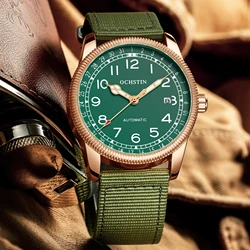 Reloj mecánico automático de nailon para hombre, cronógrafo luminoso Retro, Moda Verde