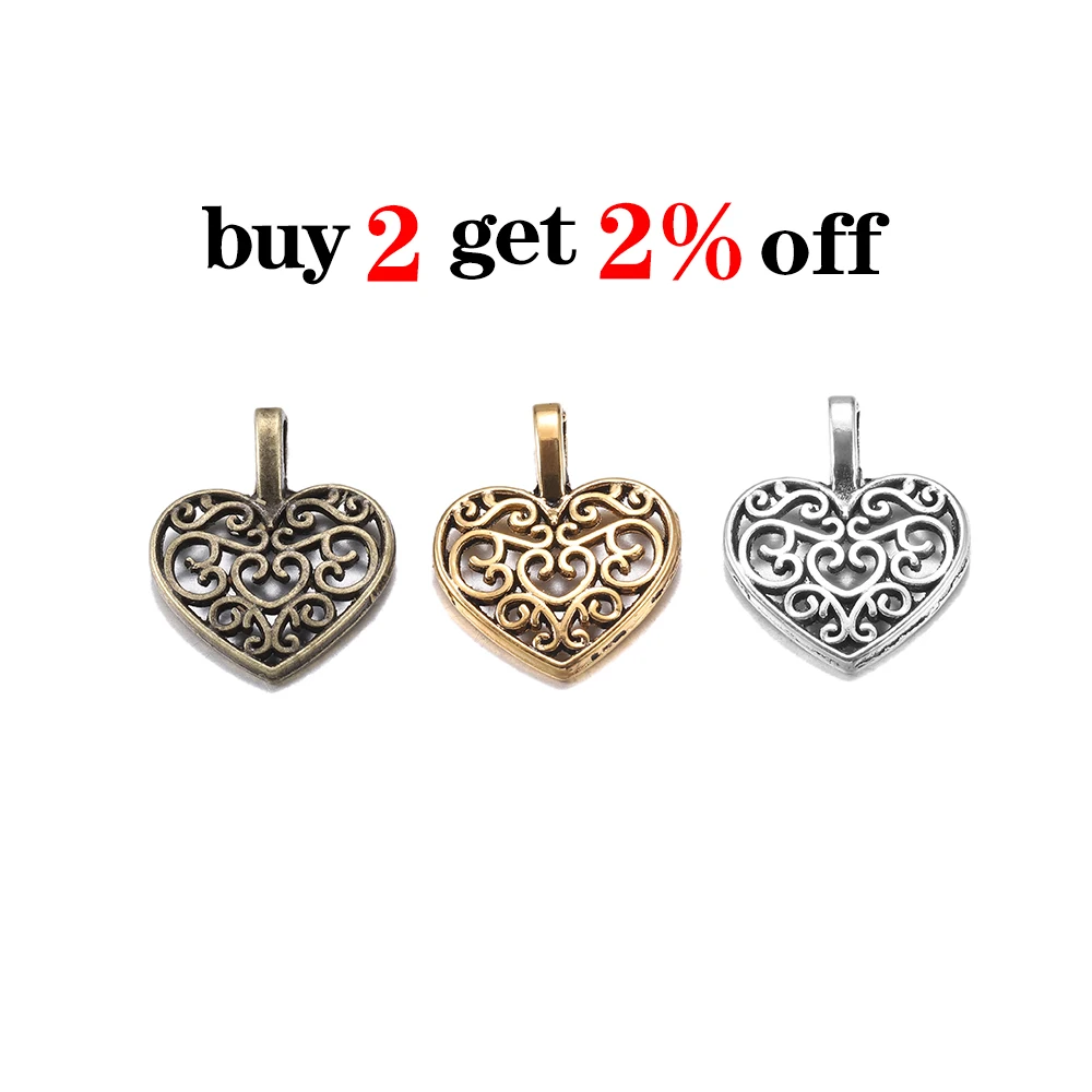 30pcs/lot Tibetan Bronze Plated Hollow Out Heart Antique Pendants Findings DIY Charms Bracelet Jewelry Making Supplies