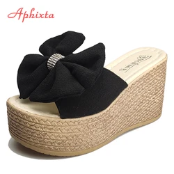 Aphixta 2022 cristalli estivi Appliques fiocco 9cm tacchi piattaforma donna pantofole con zeppa sandali femminili zoccoli scarpe scivoli donna