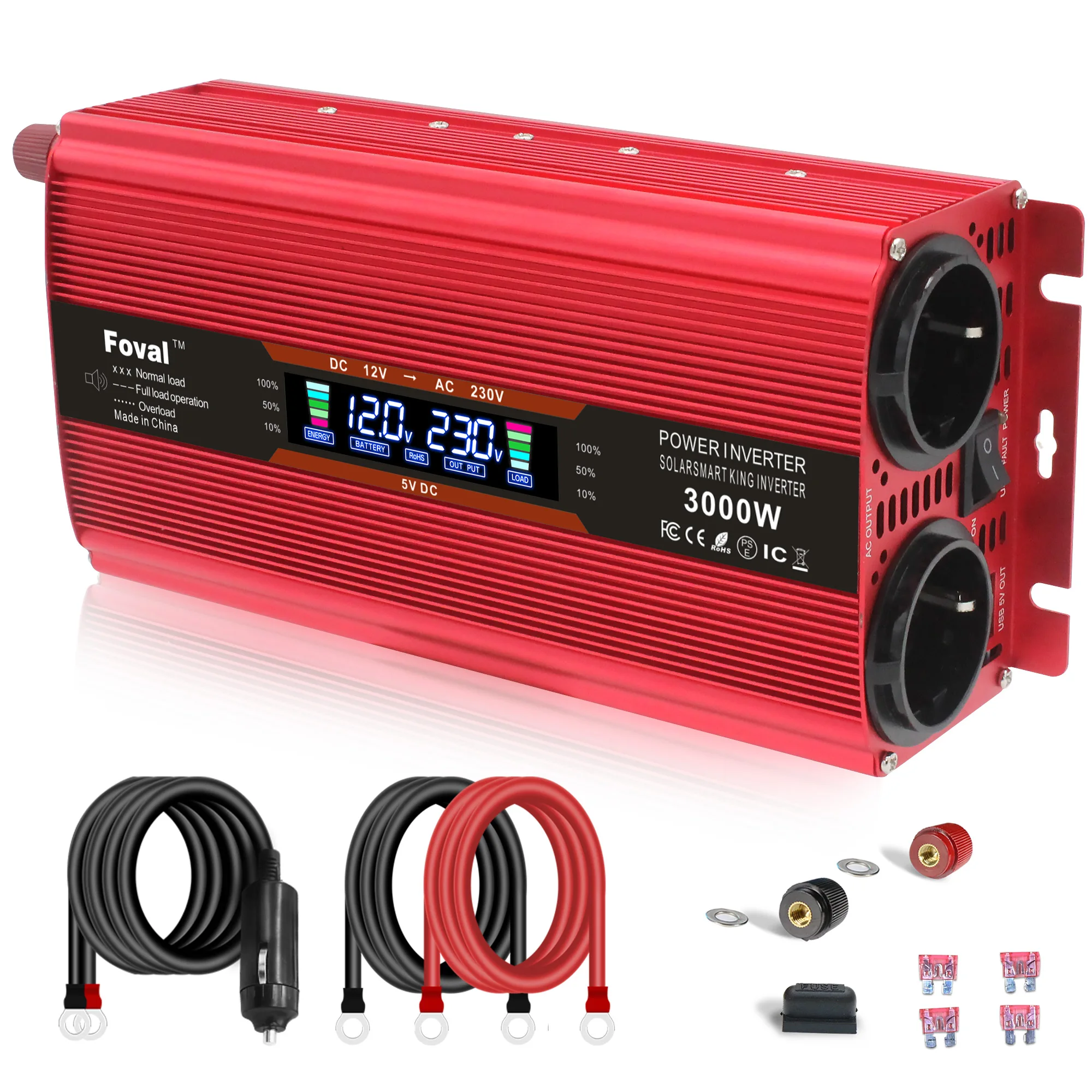 3000W Multifunctional Car Inverter 12V /24V To 220v Cigarette Lighter Plug Dual EU Socket With LCD Display