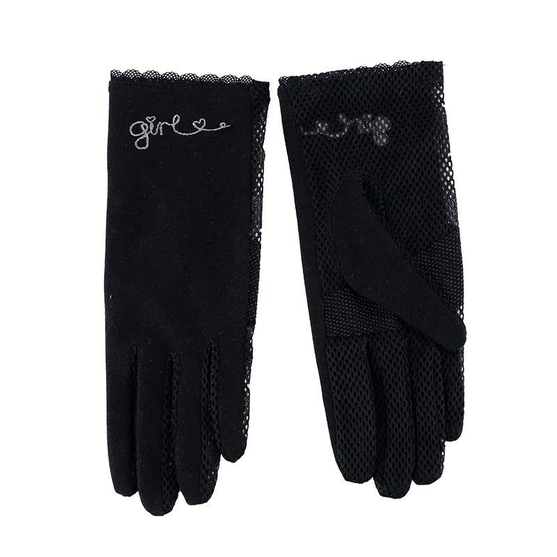 Female Summer UV Sunscreen Short Embroidery Sun Cycling Mittens Women Breathable Palm Mesh Touch Screen Thin Driving Gloves J88