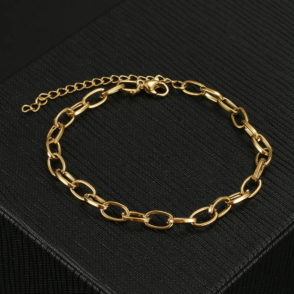 Stainless Steel Bracelets Hot Fashion Flat Chain Hip Hop Punk Gold Silver Color Men Chain Charm Bracelet For Women Jewelry Gifts