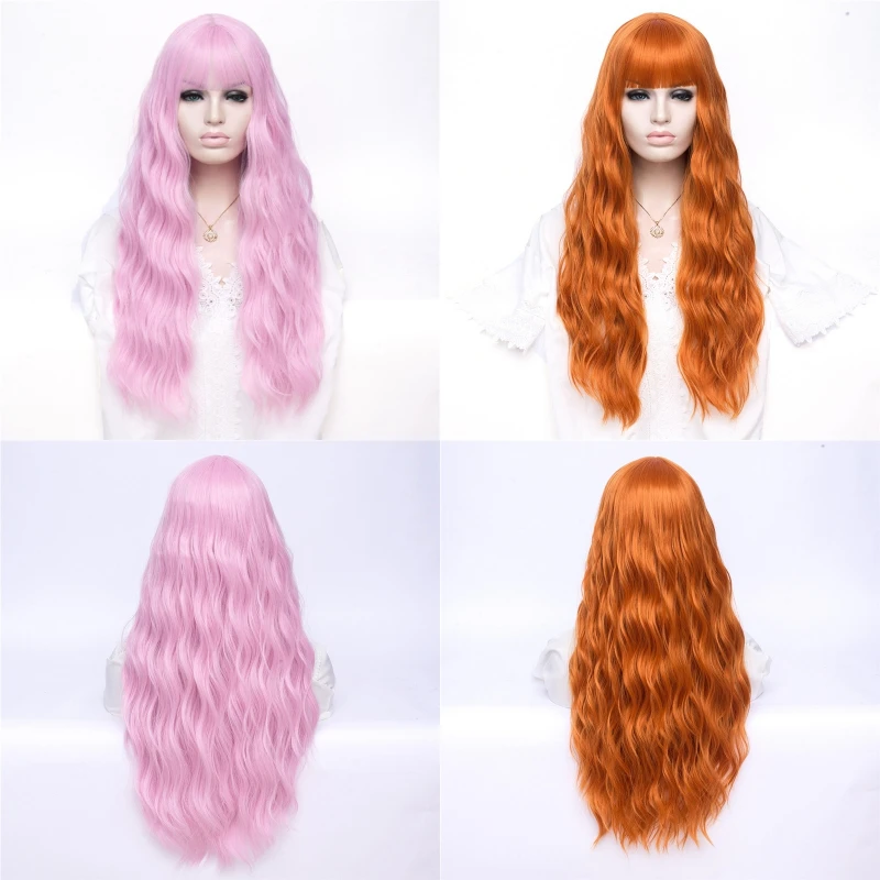 MSIWIGS Frauen Lange Wellenförmige Blonde Synthetische Perücke mit Pony Grau Rosa Haar Cosplay Mädchen Perücke Hitze Beständig