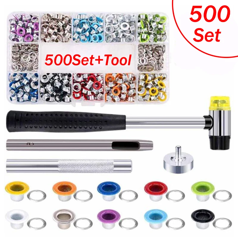 500Set 5mm Kit passacavo 10 colori Occhielli metallici Strumento di fissaggio passacavo con scatola di immagazzinaggio per scarpe artigianali in