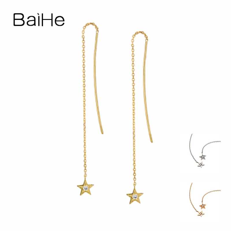 BAIHE Solid 14K Yellow Gold Round 0.04ct Natural Diamonds Stars Ear line Earrings Women Fine Jewelry Pendientes Ear line Estrell