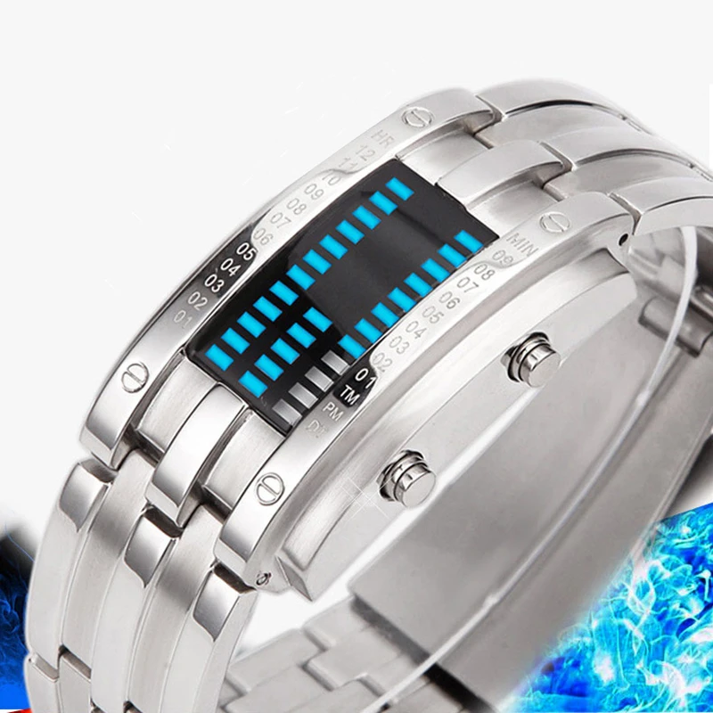 Fashion Couple Watch Men Women Luxury Watch Lovers Stainless Steel Clock LED Date Bracelet Watch Binary Wristwatch Sport Watches