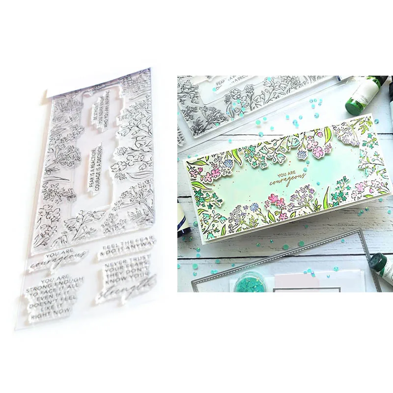 Be Courageous Sentiment Floral 2021 New Transparent Slimline Stamps and Dies for DIY Scrapbooking Paper Card Making Crafts