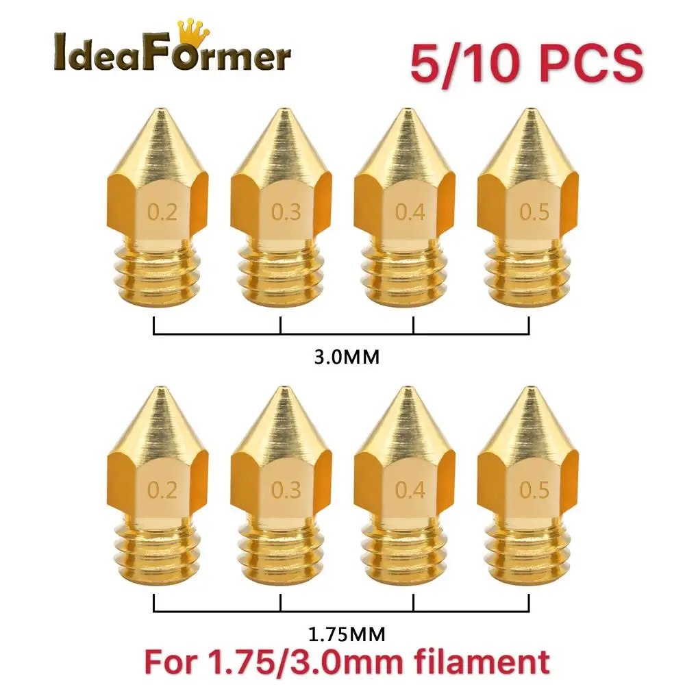 5/10pcs MK8 Brass Nozzle 1.75/3.0mm Filament Extruder Print Head Nozzle 0.2/0.3/0.4/0.5mm for CR10 CR10S Ender3 3D Printer Parts