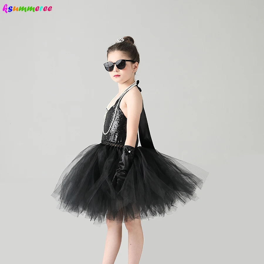 Child\'s Breakfast at Tiffany\'s Holly Golightly Costume Set Sequin Black Audrey Hepburn Tutu Dress Kids Birthday Party Prom Dress