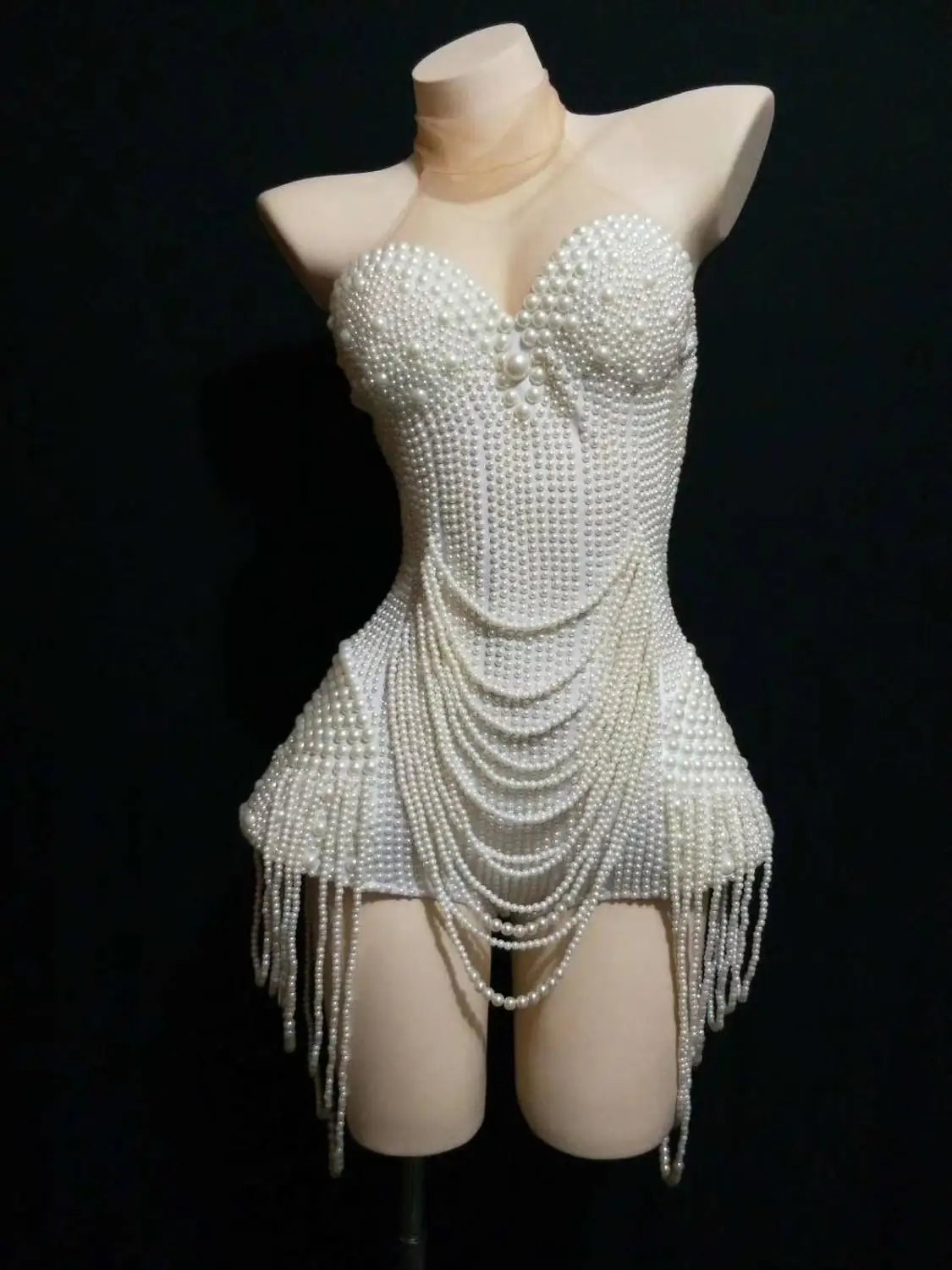 Combinaison Élégante à Franges et Perles Blanches pour Femme, Tenue de Soirée, Sexy, en Maille, Col Licou, pour Bal de Promo, DJ, Chanteur, Tenue de Scène