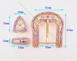 Bling Gold Western Cowboy Rodeo 3PCS Set Floral Carved Replacement Violet Rhinestone Crystal Belt Buckle Fit 30mm Strap