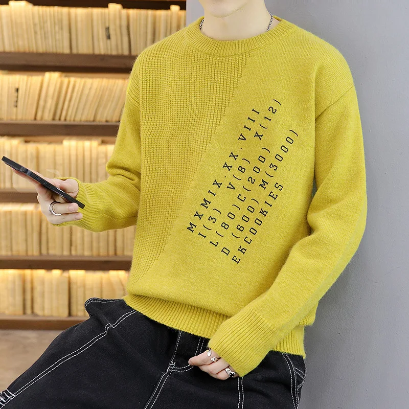 8159 Spring Autumn Men Knitted Sweater Korean Style Slim Fit Handsome Casual Trendy Thin Personality Letter Intarsia Pullover