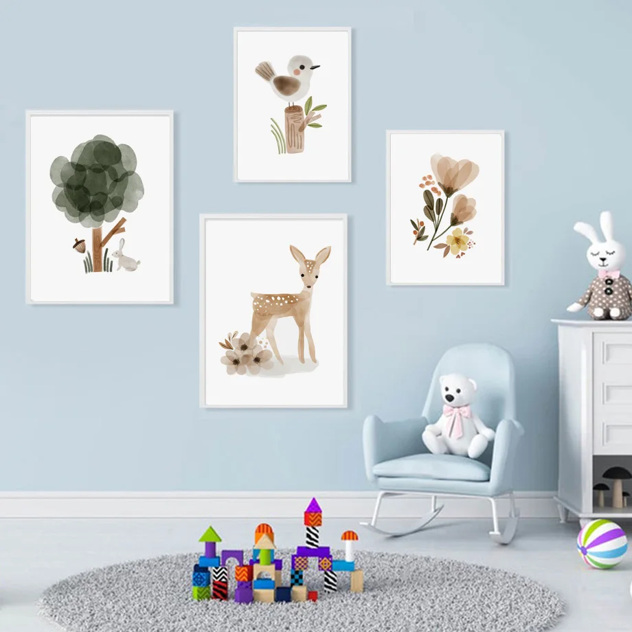 Bear Deer Rabbit Woodland Nursery Abstract Boho Wall Art Canvas Painting Posters And Prints Pictures Baby Kids Room Home Decor