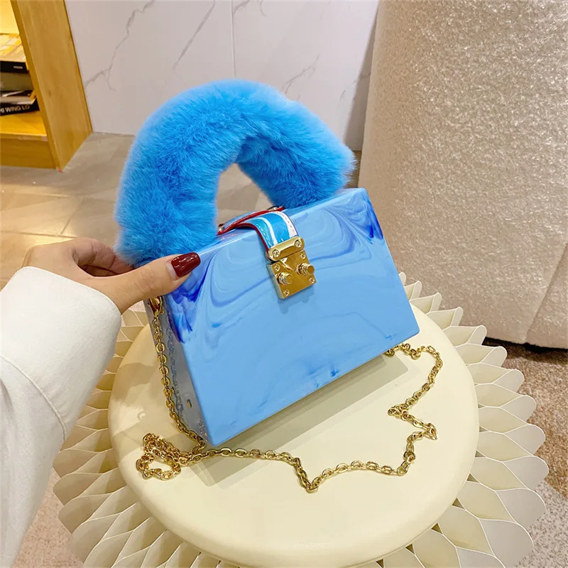 Plush Fashion Purses and Handbags for Women New Acrylic Candy Colors Shoulder Bag Luxury Small Square Box High Quality Party Bag