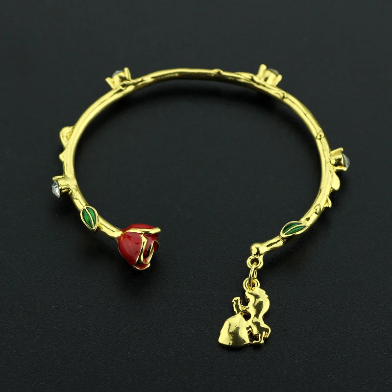 Beauty And The Beast Gold Color Bangle Rose Flower Creative Rose Flower Bracelet Princess Belle And Adam Dancing Charm Bracelet