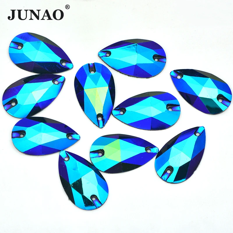 JUNAO 17*28 millimetri di Cucito Grande Teardrop Rhinestone della Parte Posteriore Piana AB Pietre di Cristallo Sew On Resina Strass Applique per