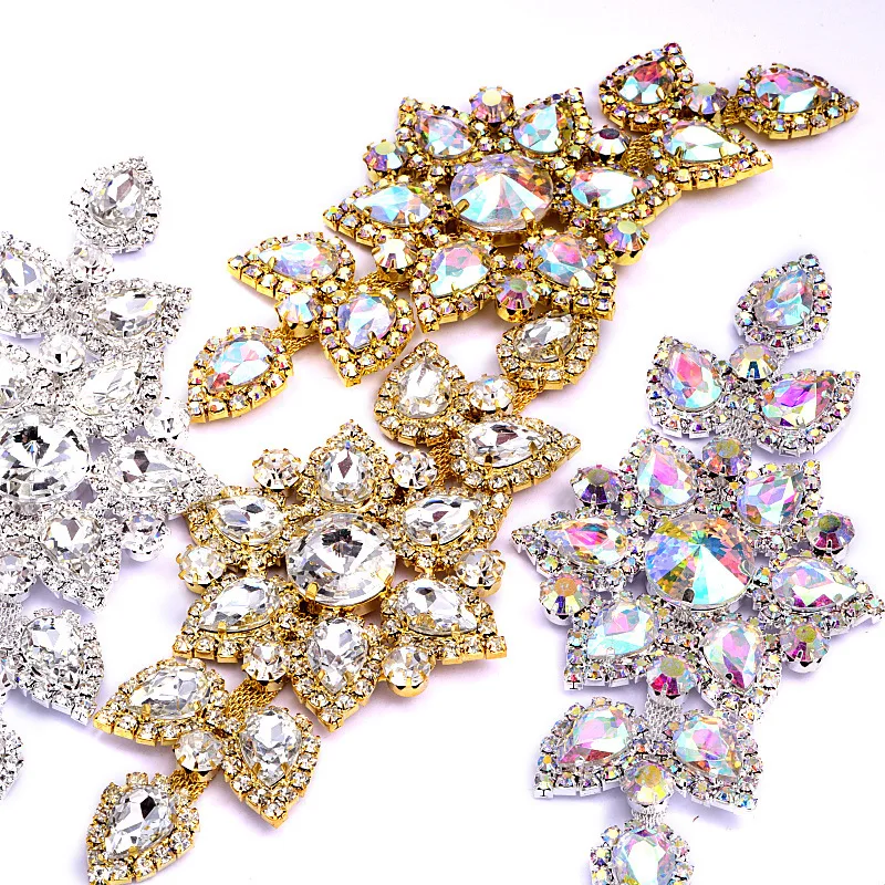 OLeeya 1pcs 14X6.5cm Crystal AB Sew On Rhinestones Applique Gold / Silver Bottom Flatback Clear Sewing for Wedding Hat Bag Y2500