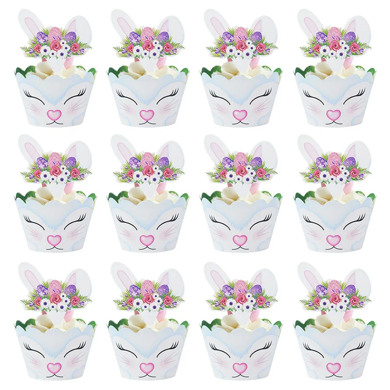 

12pcs/set Cute Rabbit Paper Cupcake Wrapper Easter Bunny Cake Toppers New Year Kids Birthday Party Cake Decorations