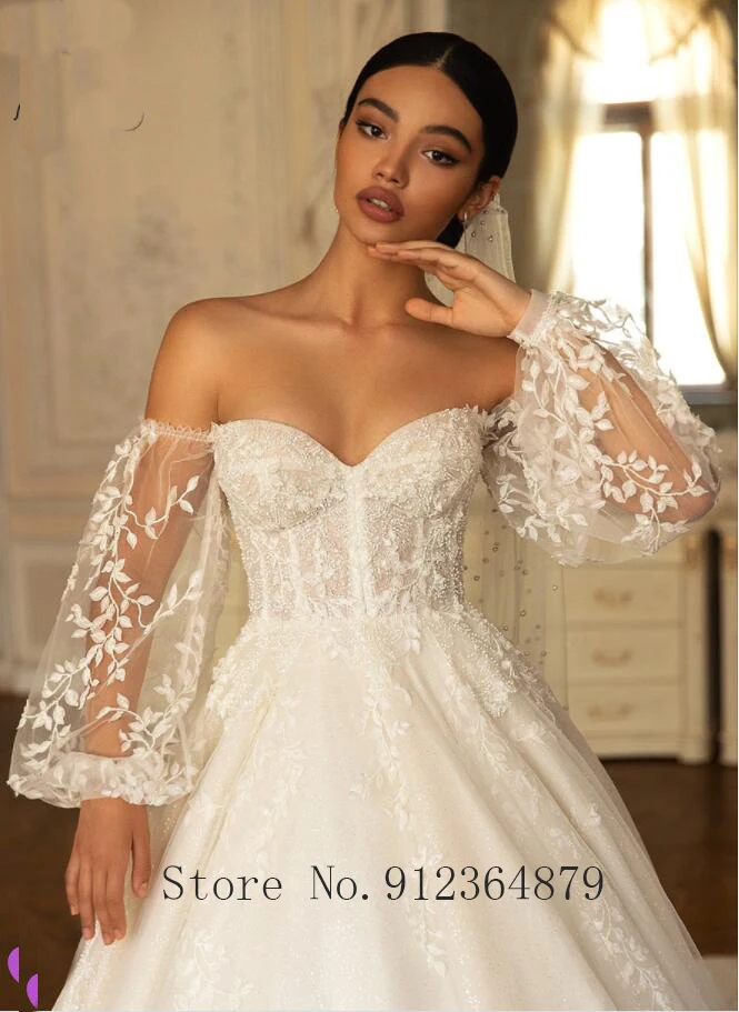 Robe de mariee Beach Wedding Dresses 2022 Puff Sleeves Flower Appliques Sweetheart A Line Tulle Bridal Gowns