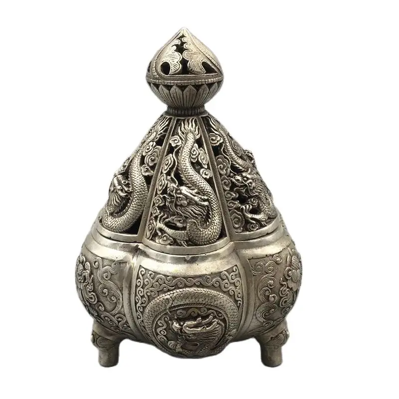 

China's rare miao silver Kowloon incense burner statue family living room home decoration metal crafts