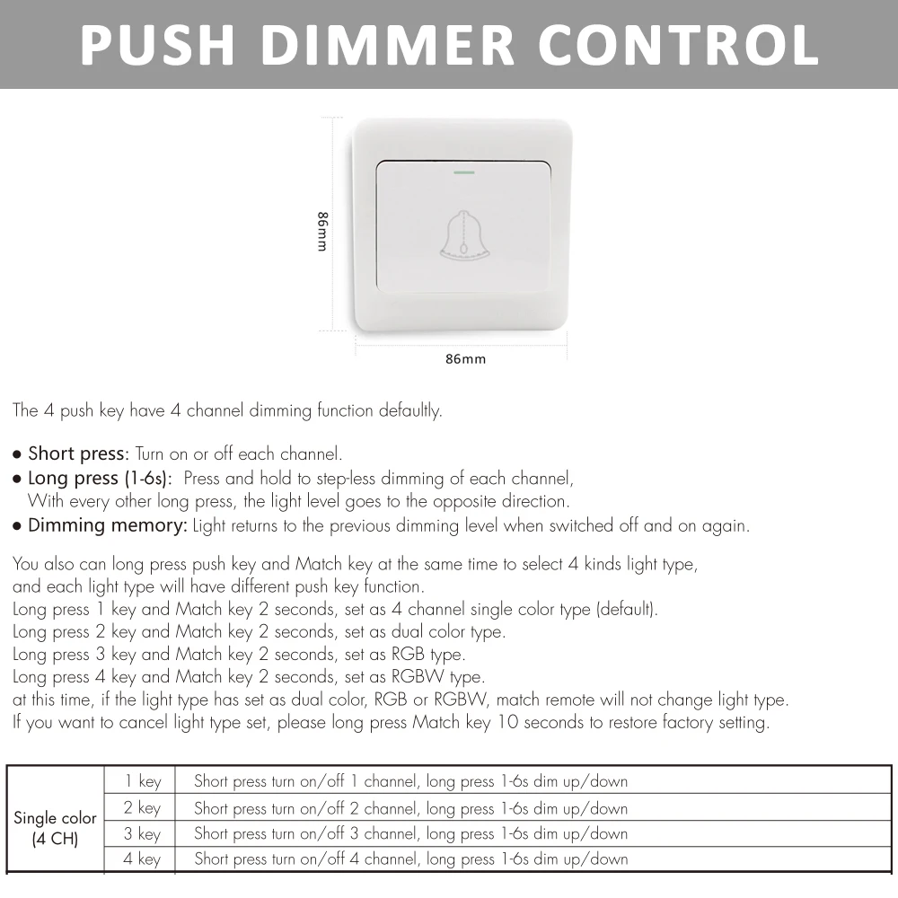 LED Dimmer V4 12V DC 24V 36V 4 Channels Push Dim Switch PWM RF 2.4G Wireless Remote RS6 Control for Single Color LED Strip Light