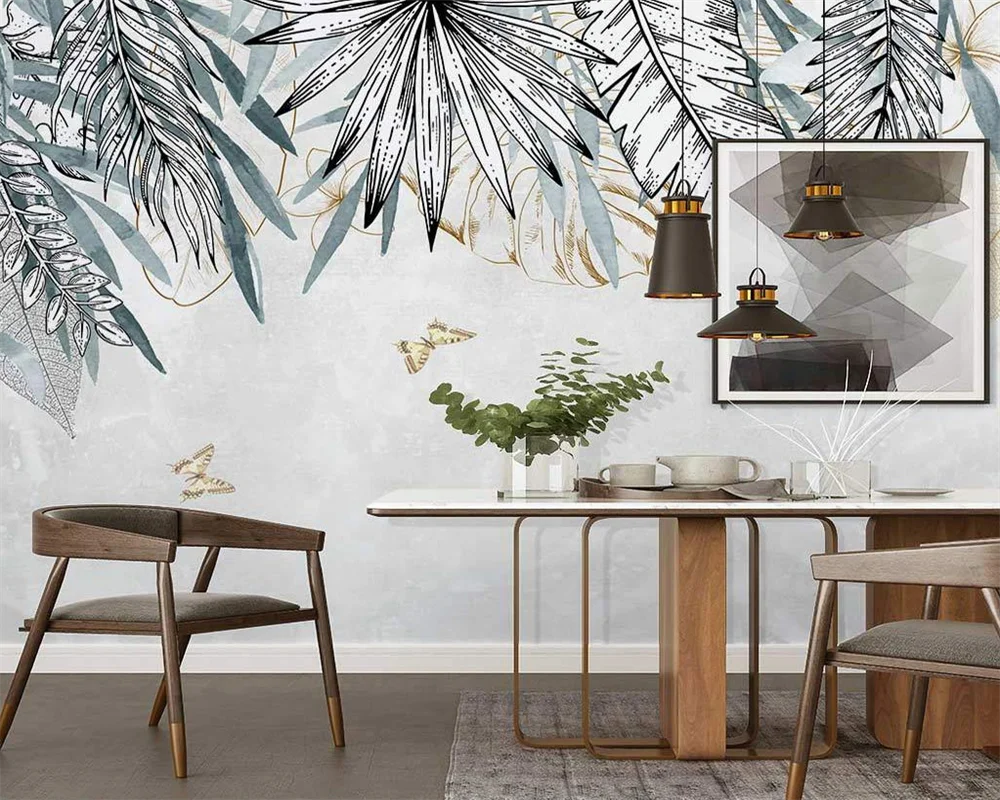 

beibehang Custom modern new Nordic hand-painted abstract tropical plants butterfly indoor background wallpaper