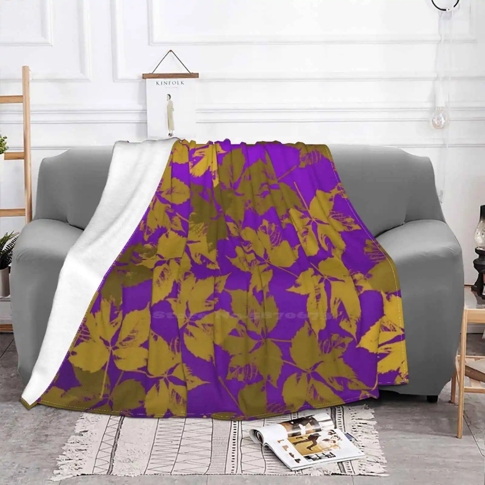 Golden Leaves Over Violet Background Four Seasons Comfortable Warm Soft Throw Blanket Cool Leaves Golden Heavy Beauty Luxury