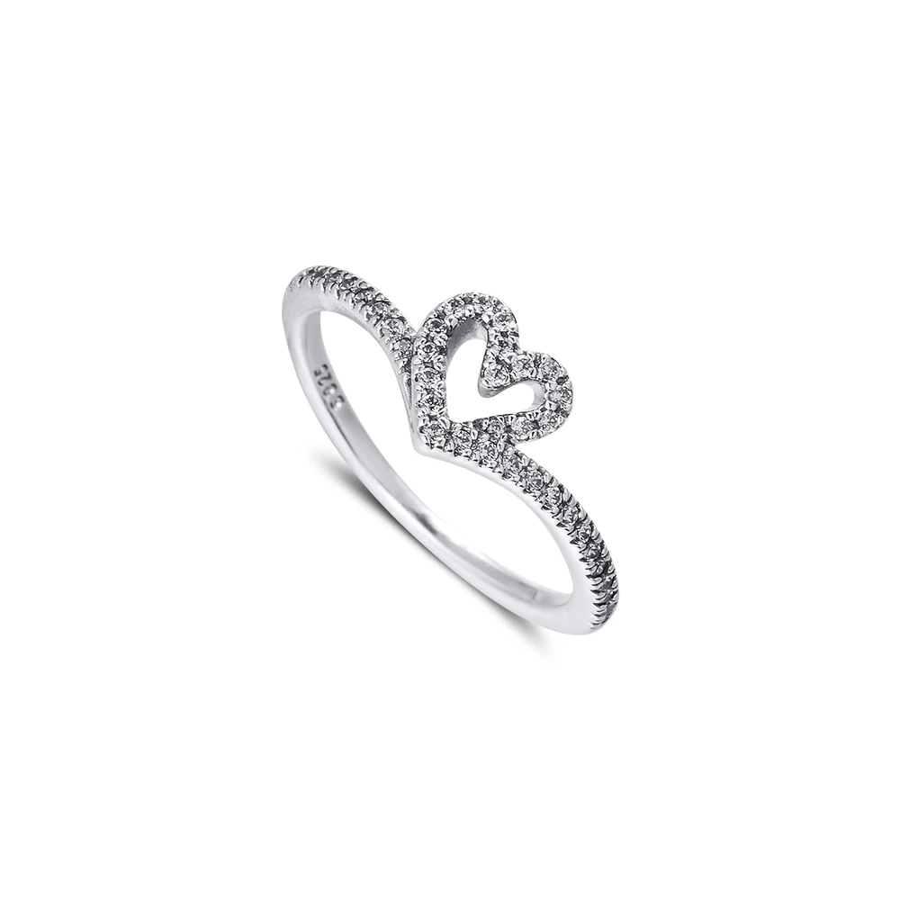 

925 Sterling Silver Jewelry Sparkling Wishbone Heart Rings for Women 2021 Valentine's Wedding Ring Gift For Friends Wholesale