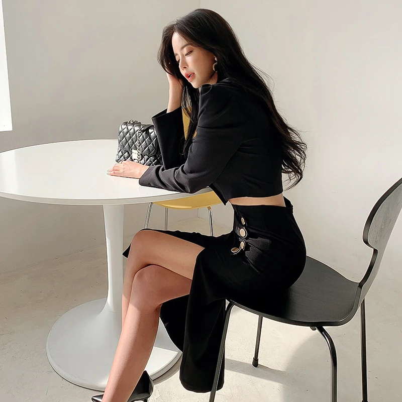 New Spring Autumn Black Formal Sexy 2 Piece Outfit Short Set Women Ladies Clothes Cropped Suit Blazer Coat High Waist Slit Skirt