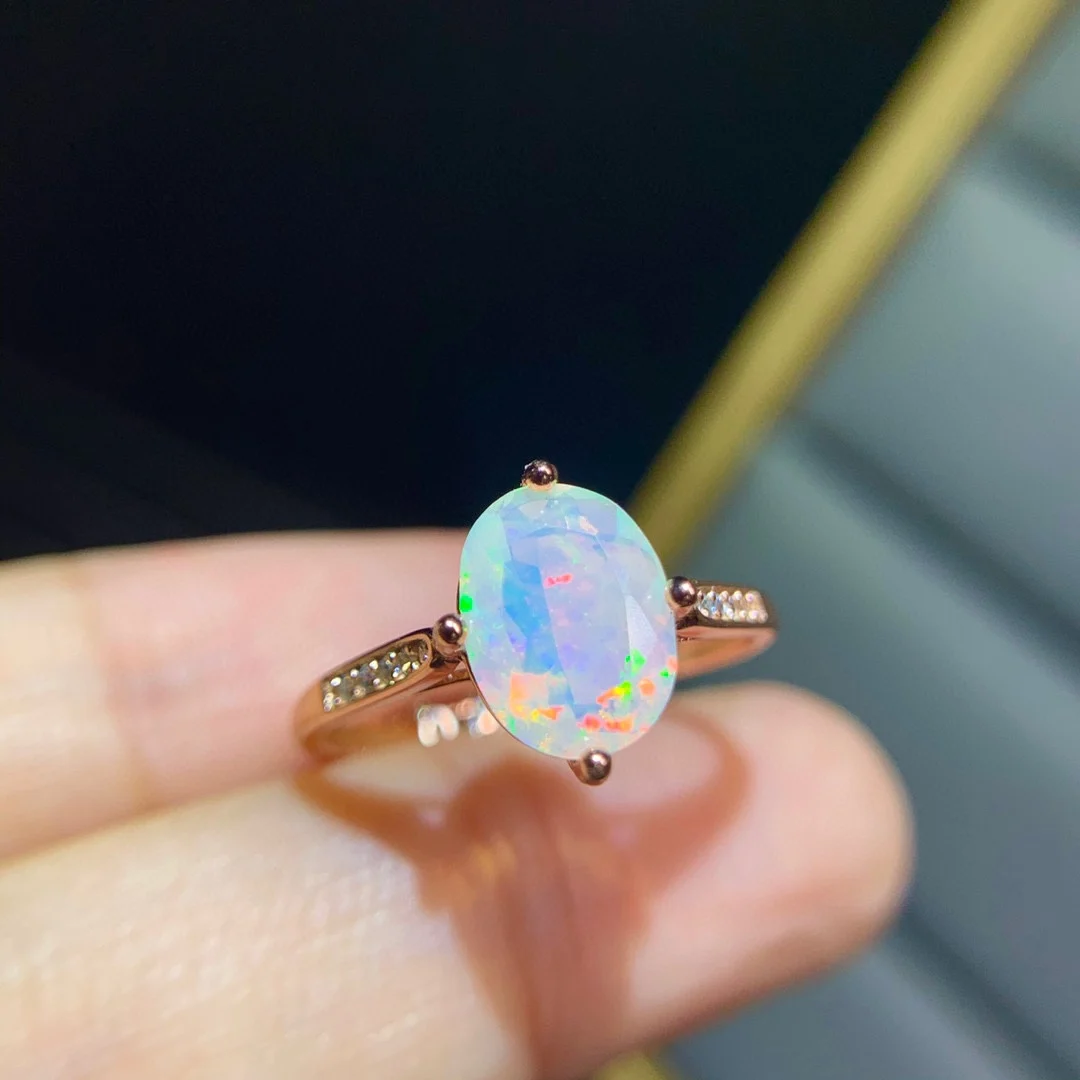 Oval 7x9mm Natural Faceted Cut Rainbow Opal Ring Real 925 Sterling Silver Engagement Wedding Rings Jewelry For Women Gift