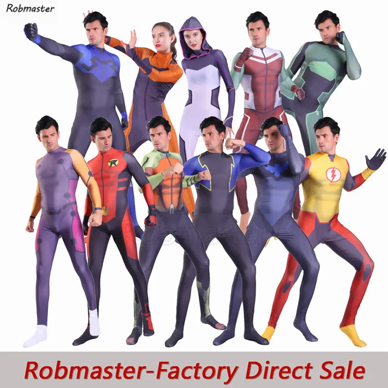 Młoda sprawiedliwość Aqualad czarna błyskawica Robin geo-force Cosplay kostiumy Zentai body Kid Flash Nightwing Halloween kid Costume